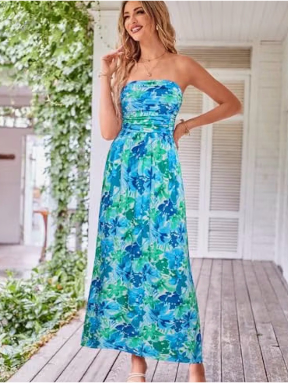 Grace Karin Strapless Blue & Green Floral Maxi Dress